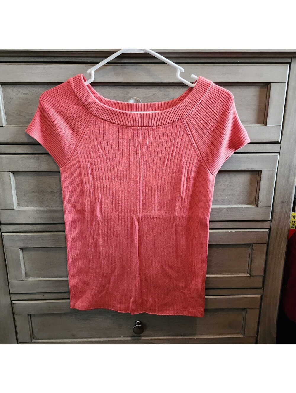 Express Pink Ribbed Knit Short Sleeve Boat Neck Women's Top Regular Fit Size L